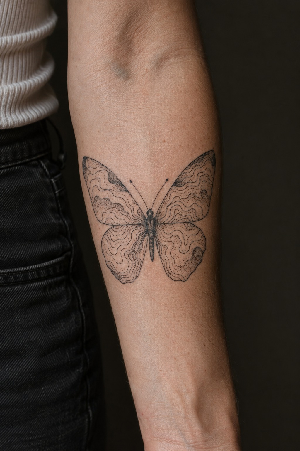 Topographic elevation map butterfly silhouette tattoo