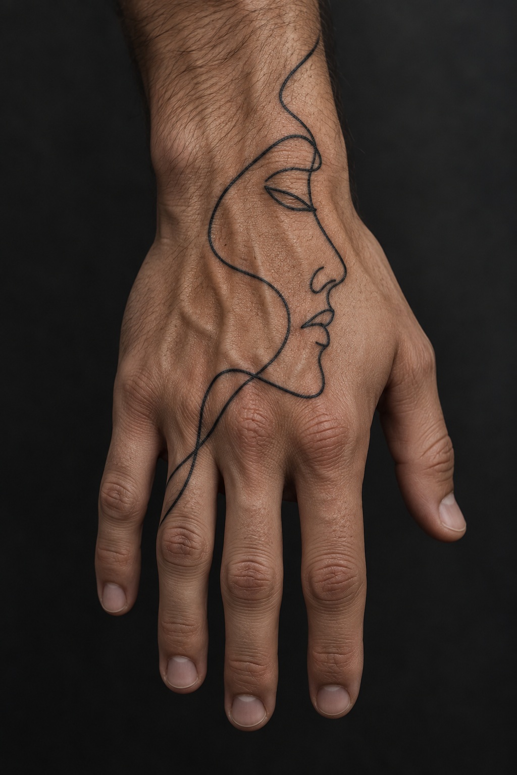 Abstract continuous single line face profile hand tattoo for men