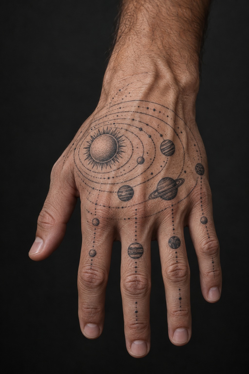 Astronomical solar system orbit finger lines tattoo for men
