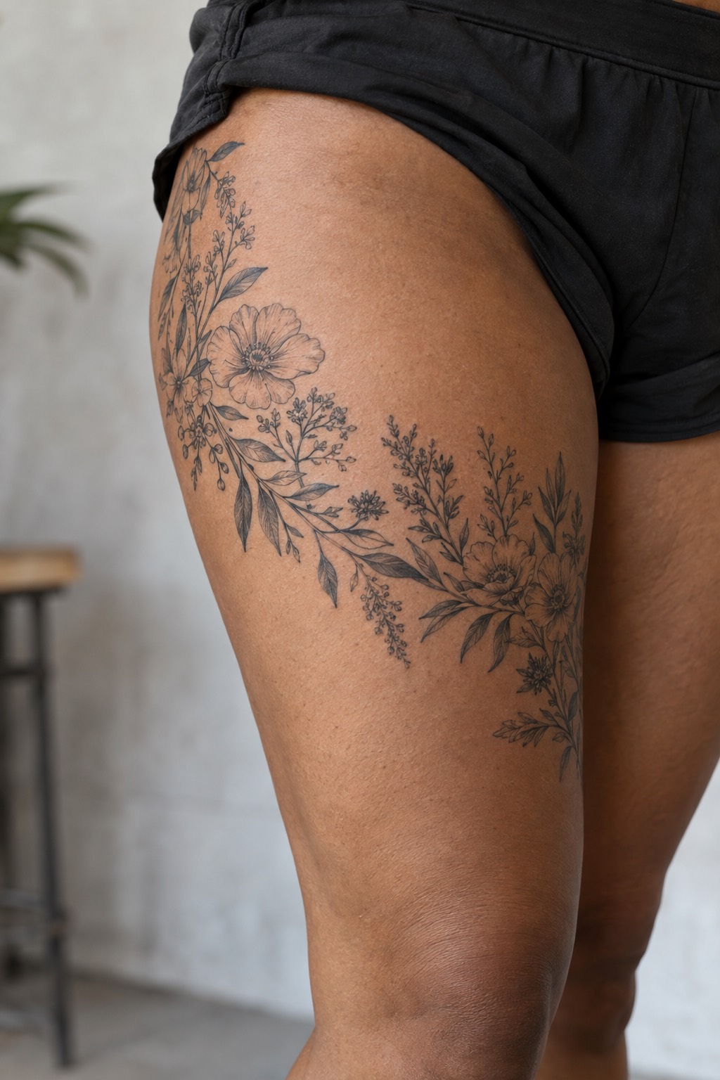 Cascading Botanical Wildflower Bouquet Thigh Tattoo for Women