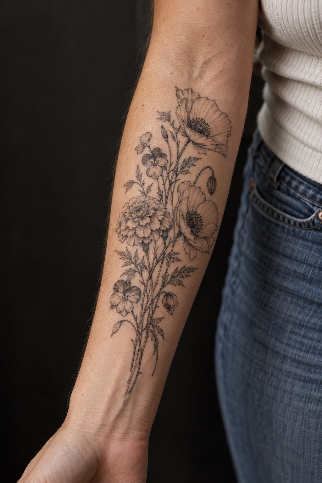 Fine line family birth flower bouquet forearm tattoo