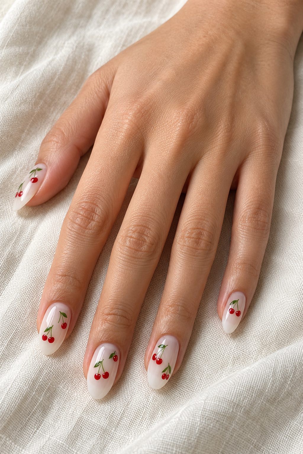 Micro French with Red Cherry Accents Nails