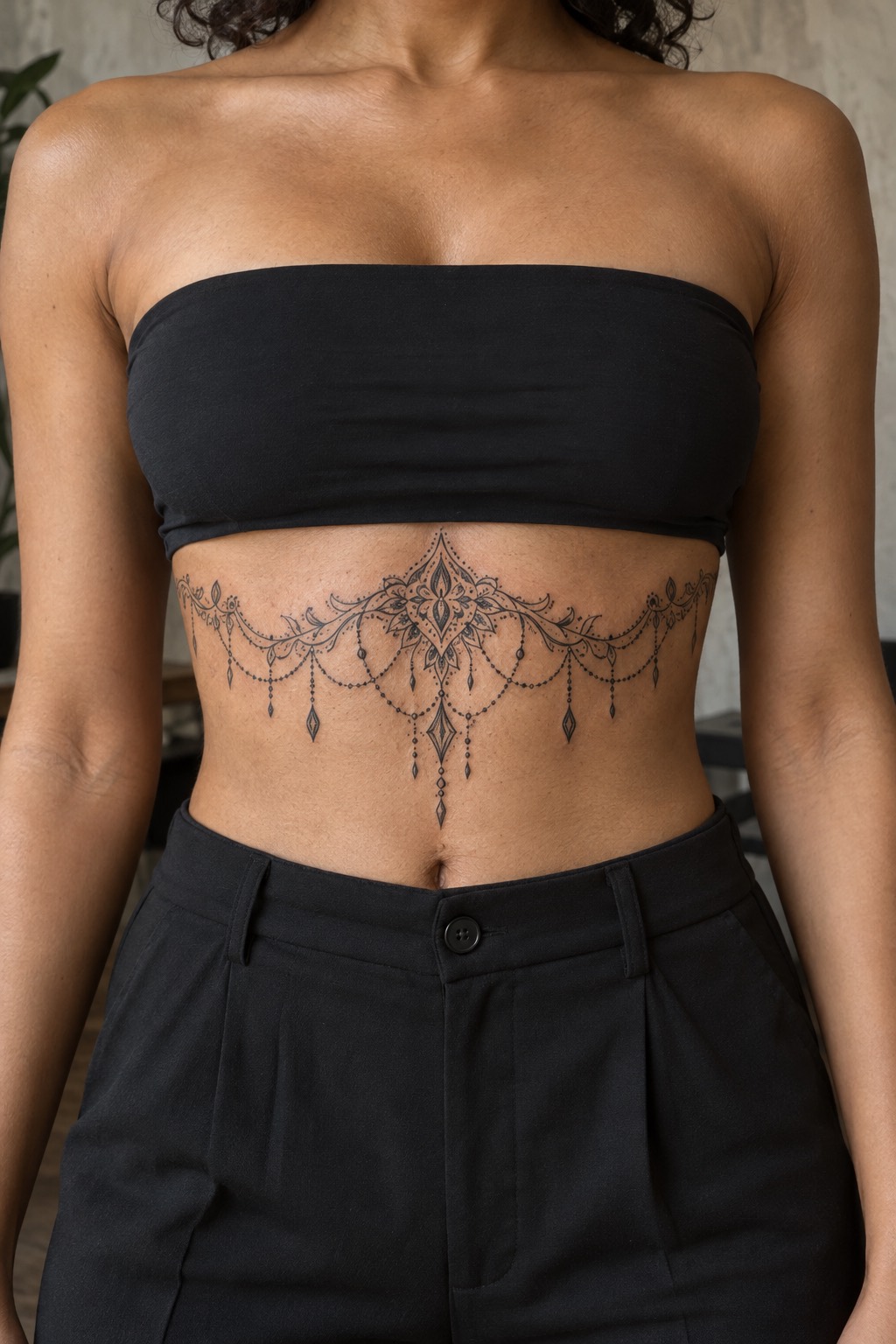 Symmetrical Chandelier Mandala with Teardrop Drops Underbust Tattoo for Women