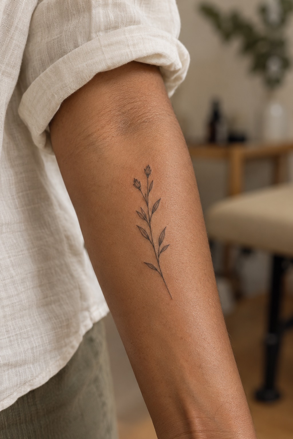 Single Needle Botanical Olive Sprig Beginner Tattoo Idea