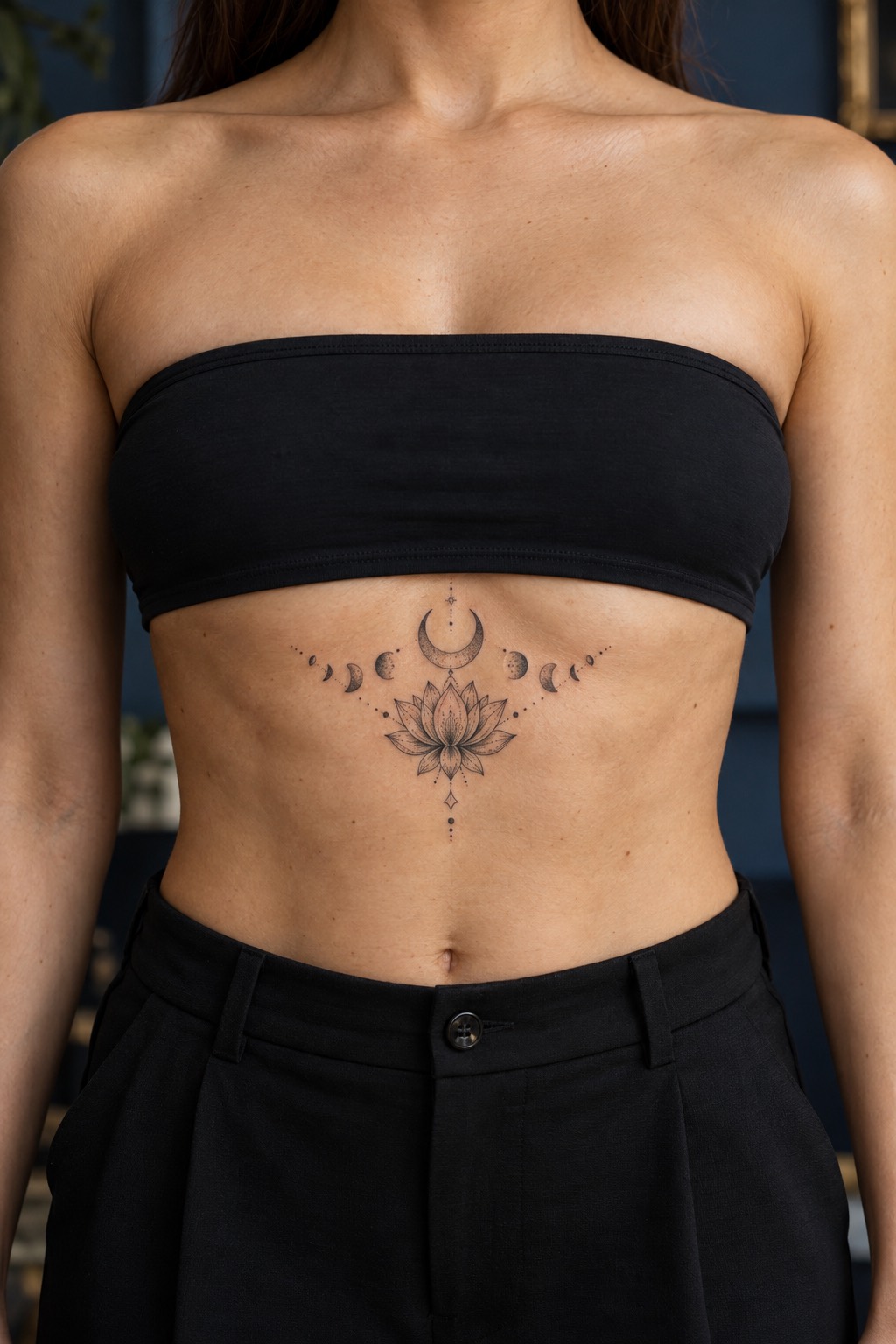 Sacred Sternum Lotus with Descending Lunar Phases Underbust Tattoo for Women