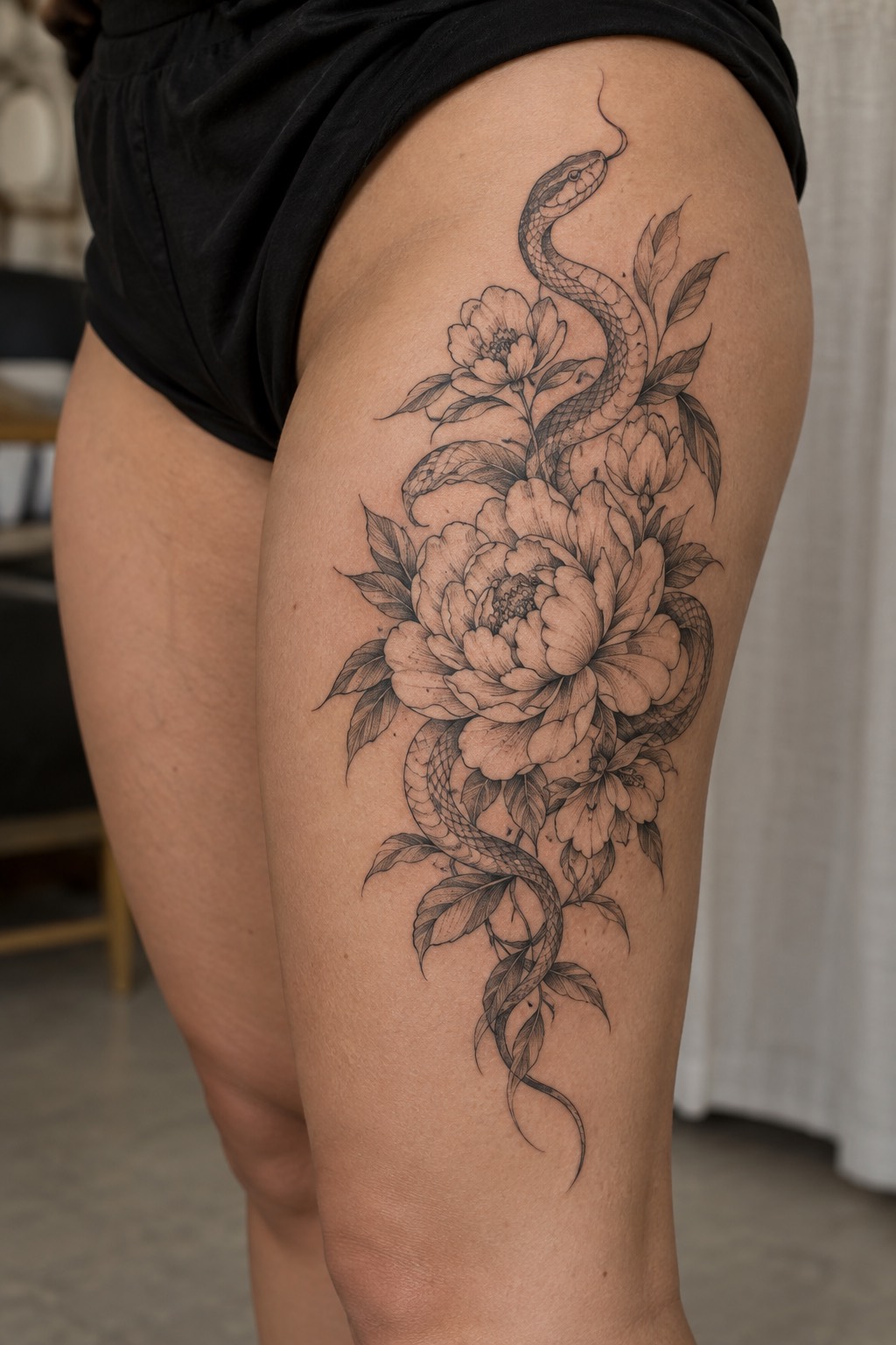 Fine Line Peony and Coiling Serpent Thigh Tattoo for Women