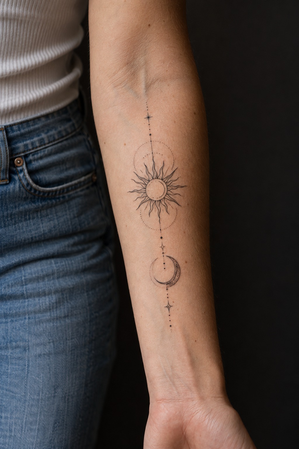 Fine Line Single Needle Forearm Duality Tattoo