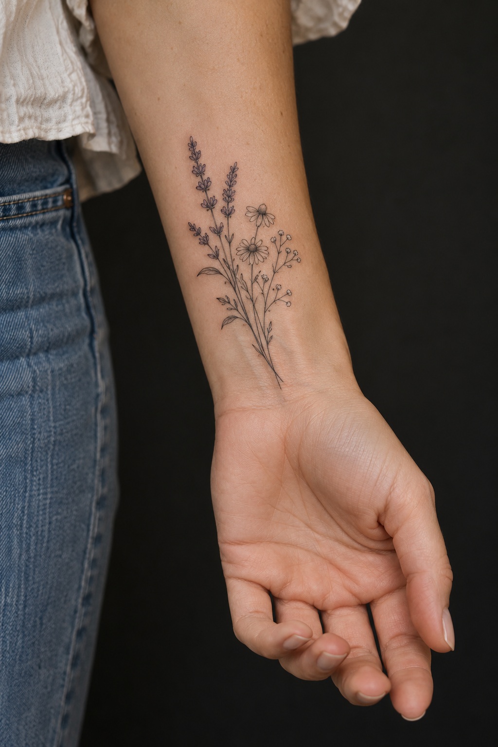 Single needle wildflower sprig wrist tattoo