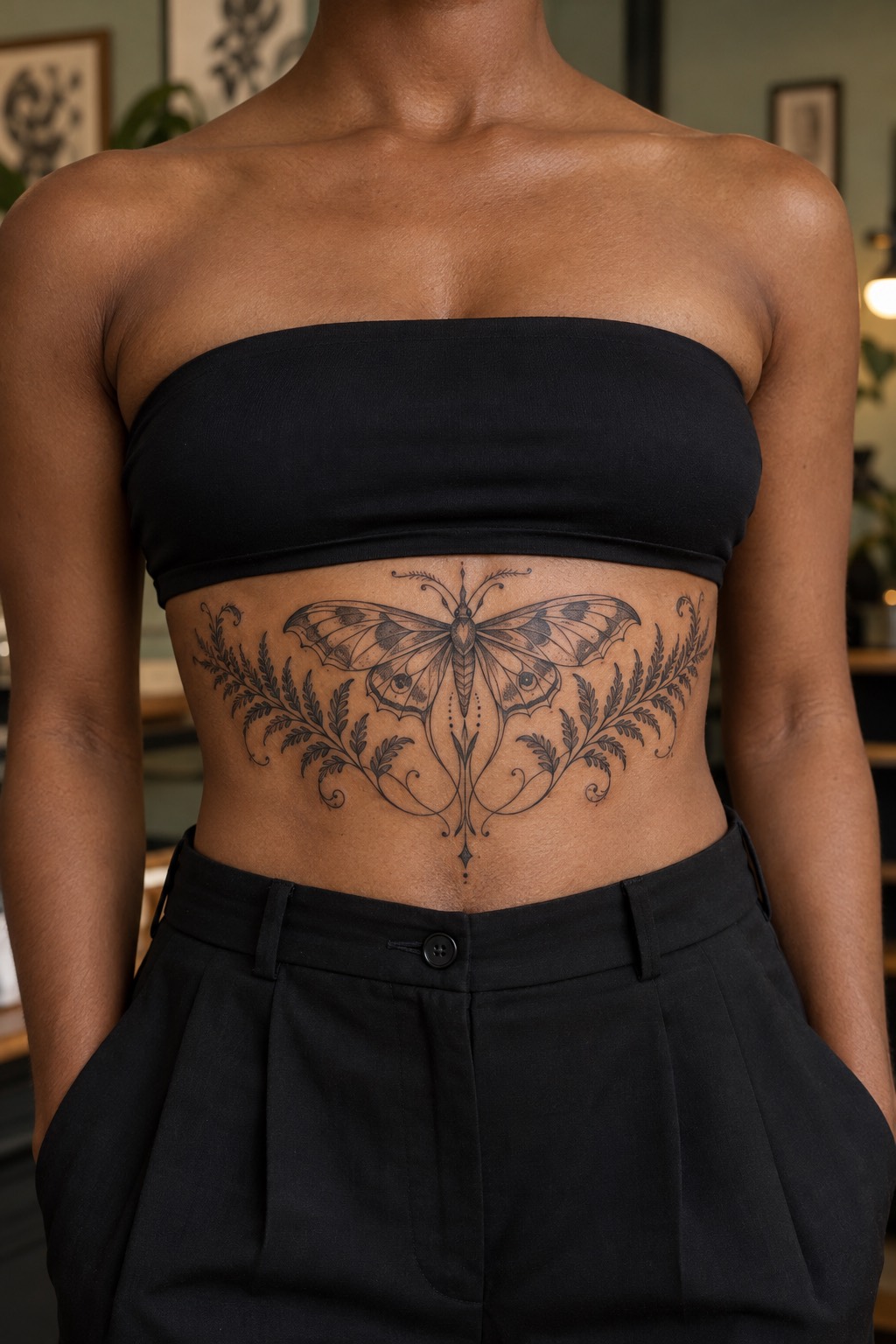 Art Nouveau Death Head Hawkmoth with Botanical Fern Wings Underbust Tattoo for Women
