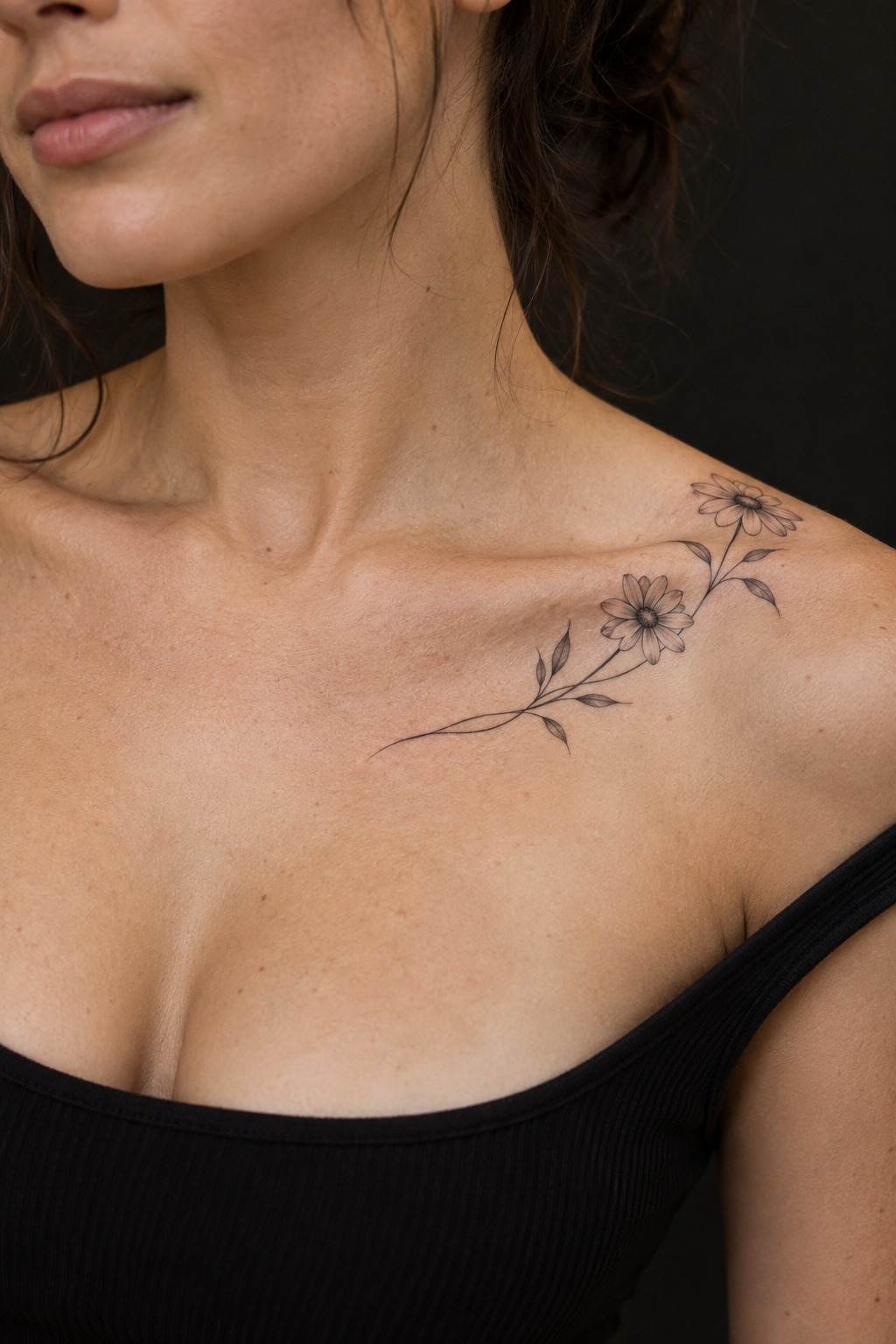 Minimalist daisy stem collarbone tattoo