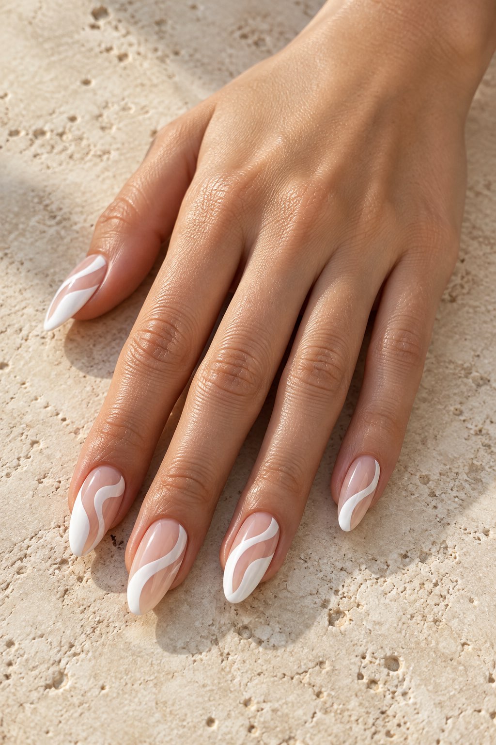 Dynamic Floating White Swirls on Sheer Nude Nails