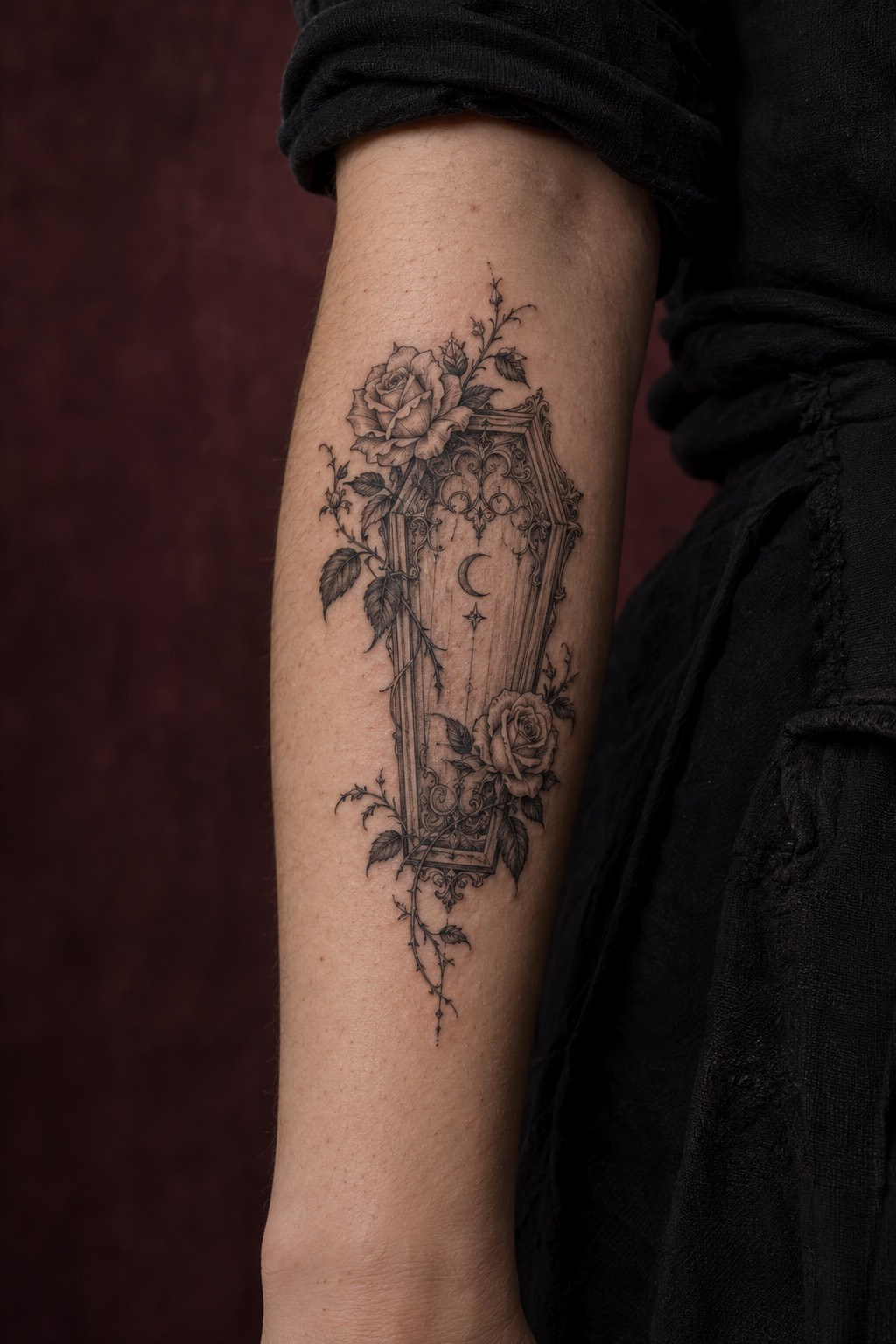 Ornate Baroque Coffin Entwined with Thorny Black Brier Fine Line Tattoo