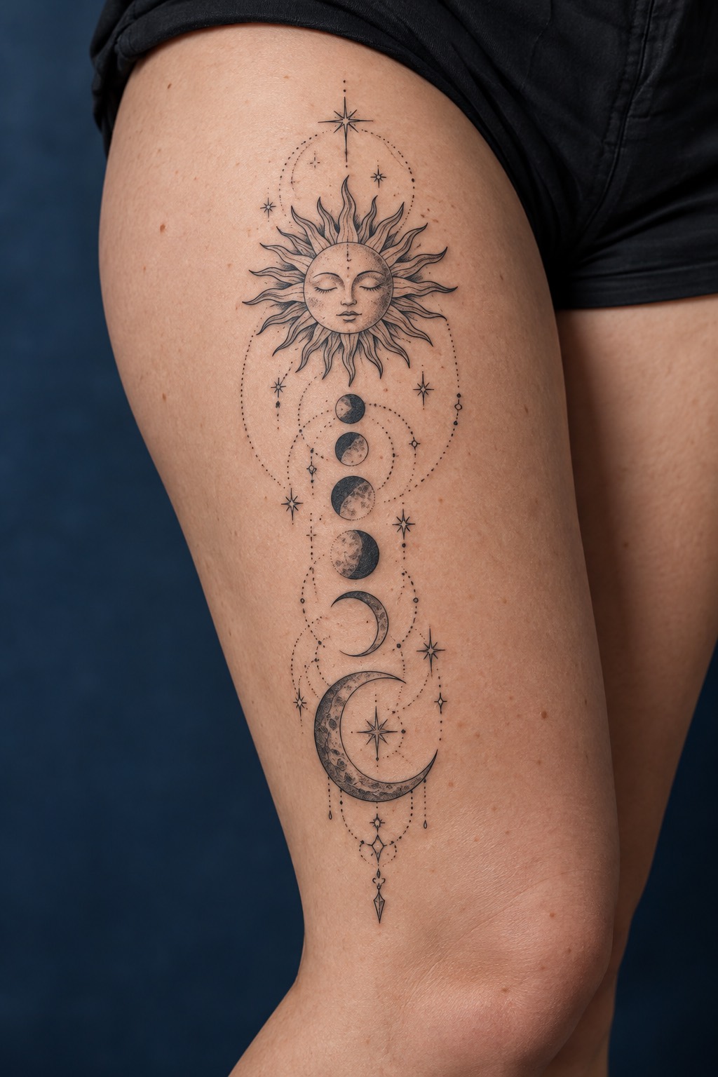 Celestial Sun Moon and Constellation Column Thigh Tattoo for Women
