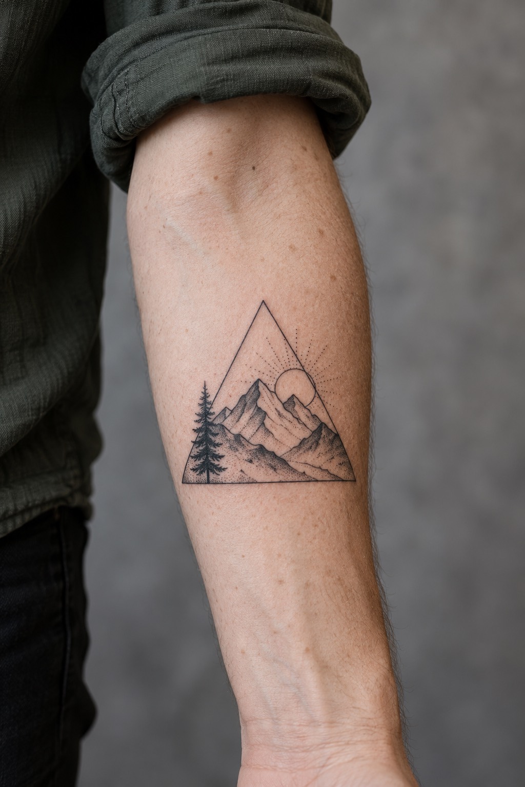 Minimal Geometric Mountain Peak and Pine Tree Beginner Tattoo Idea