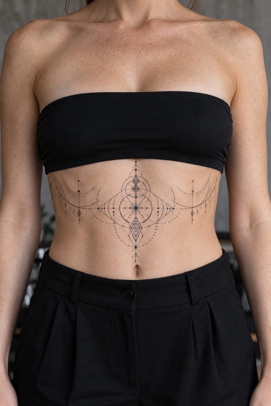 Sacred Geometry Sternum Diamond with Winged Chevrons Underbust Tattoo for Women
