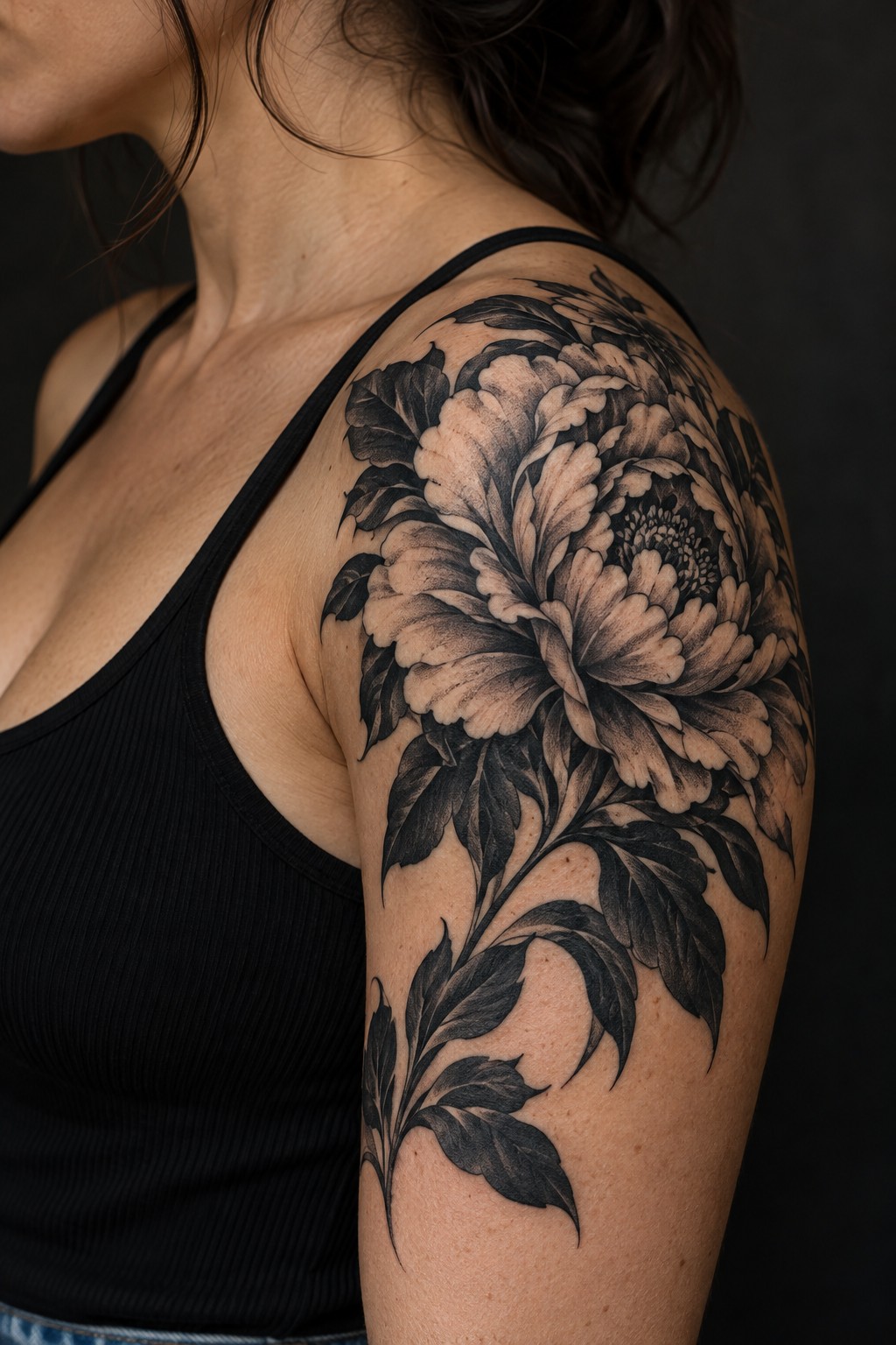 High contrast blackwork peony shoulder tattoo