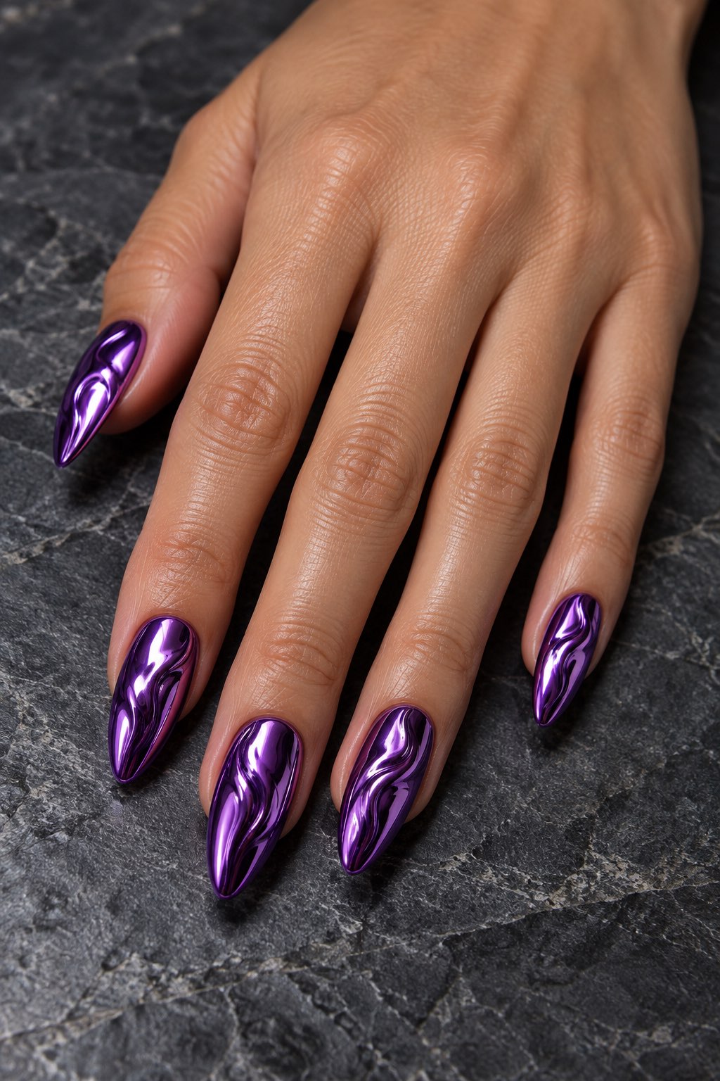Metallic Molten Violet Chrome Nails