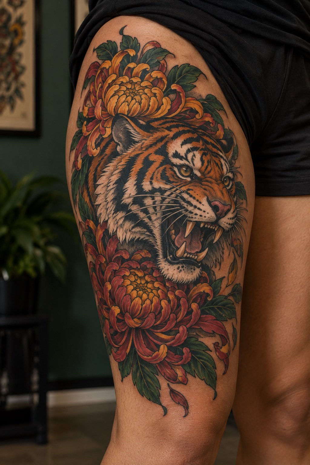 Neo Traditional Tiger and Chrysanthemum Thigh Tattoo for Women