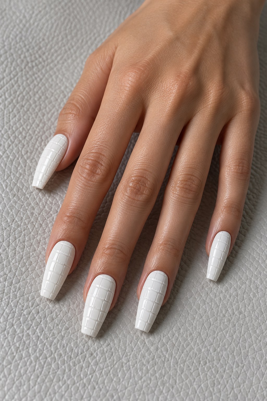 Embossed White Crocodile Texture Nails