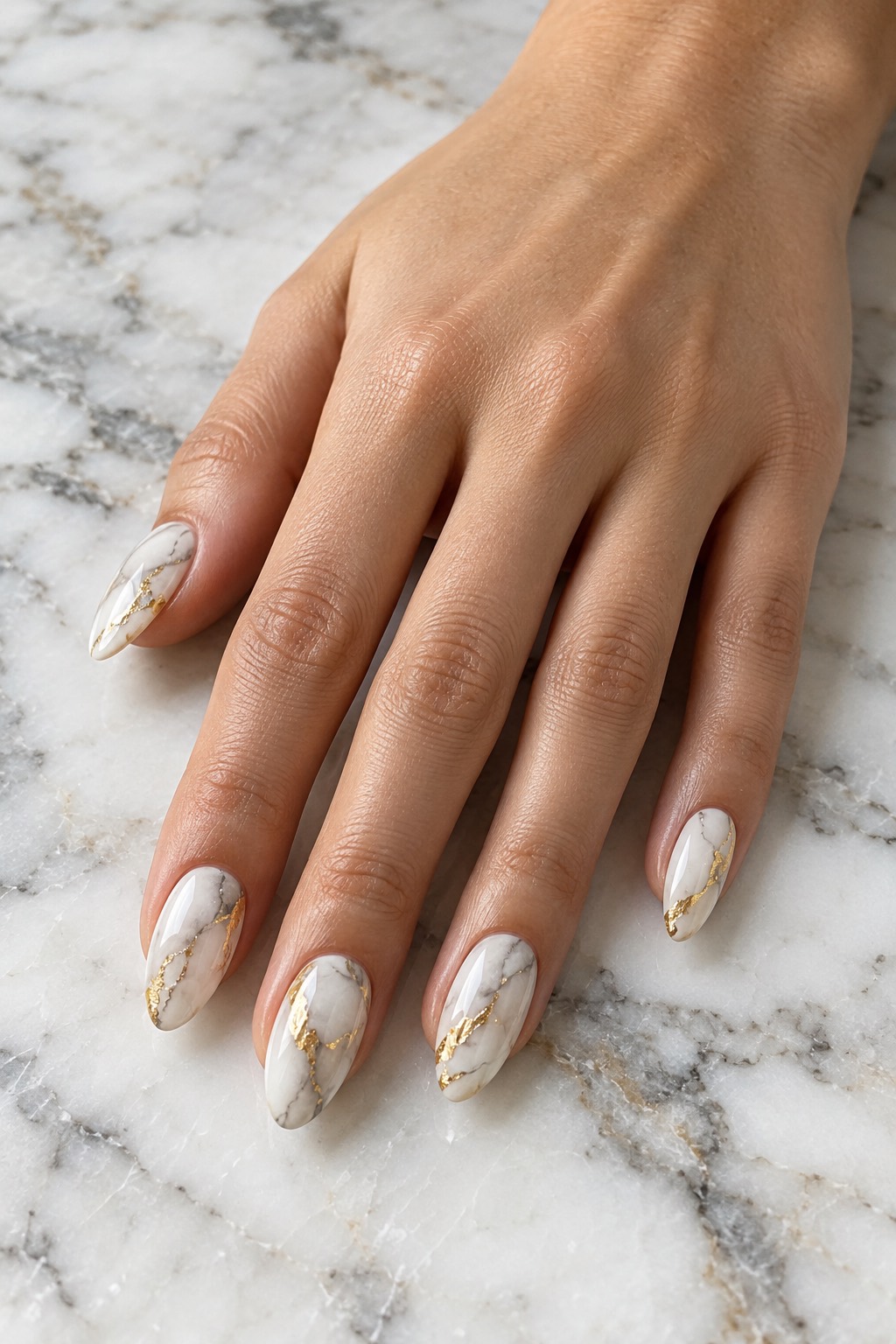 Carrara White Marble with Gold Veining Nails