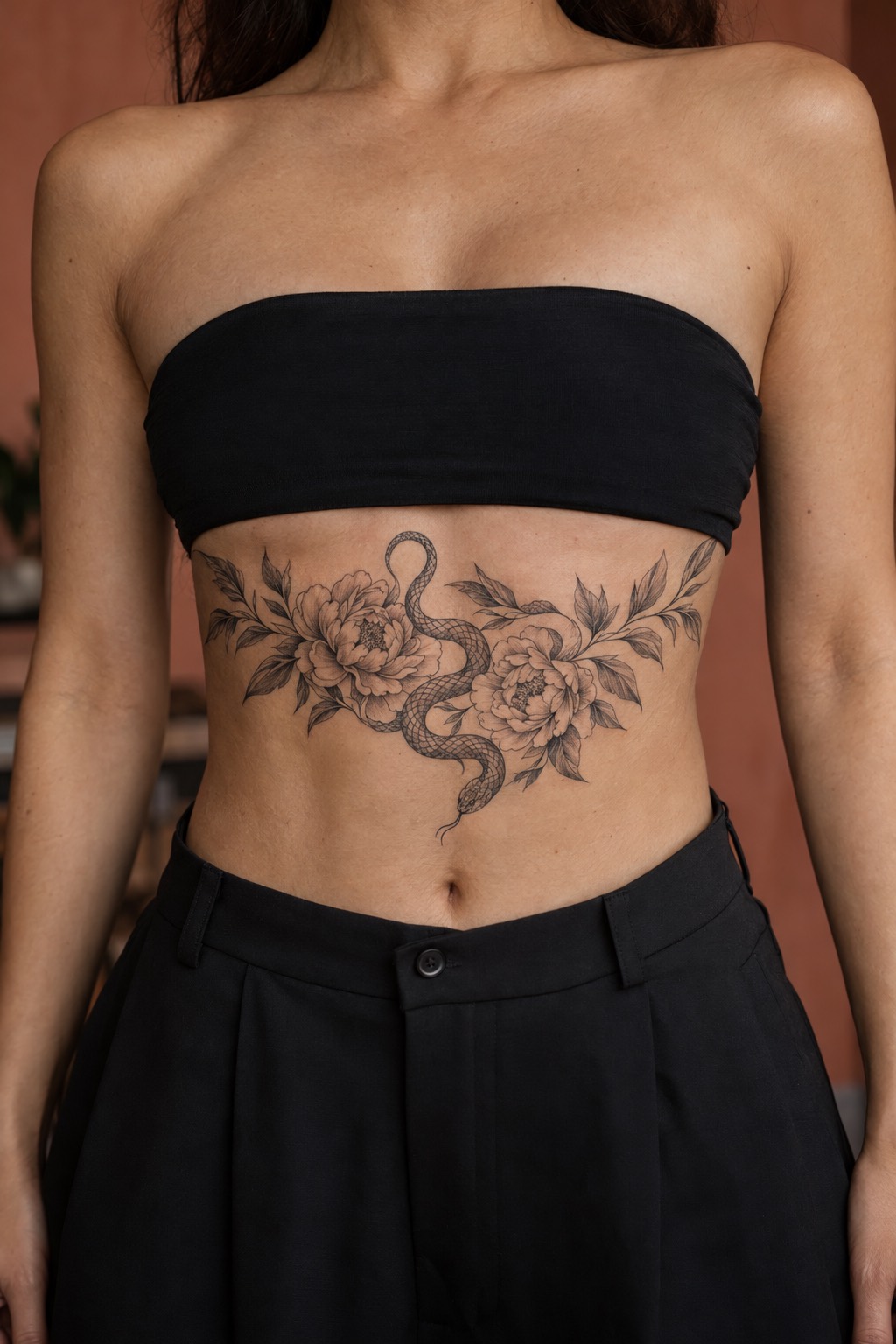 Symmetrical Double Serpent and Blooming Peonies Underbust Tattoo for Women
