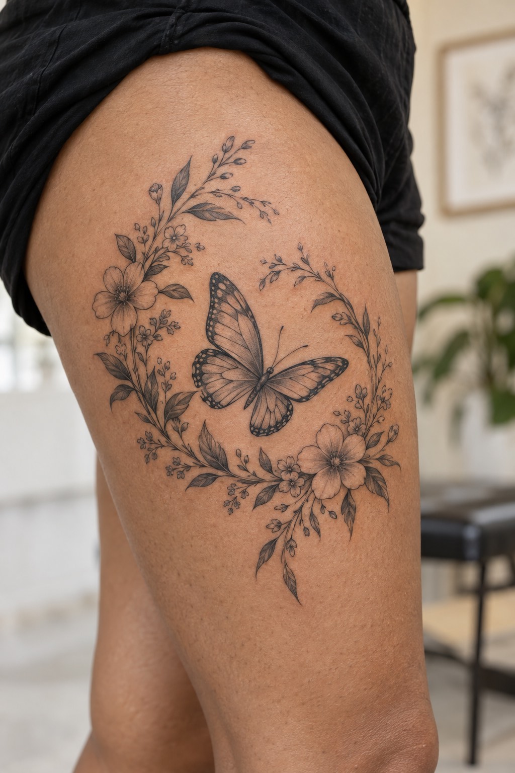 Delicate Monarch Butterfly and Wild Rose Vine Thigh Tattoo for Women