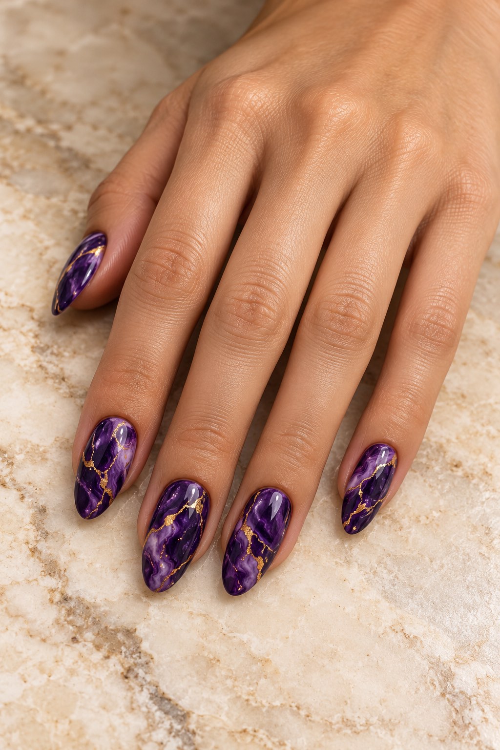 Royal Purple Marble with Gold Veining Nails