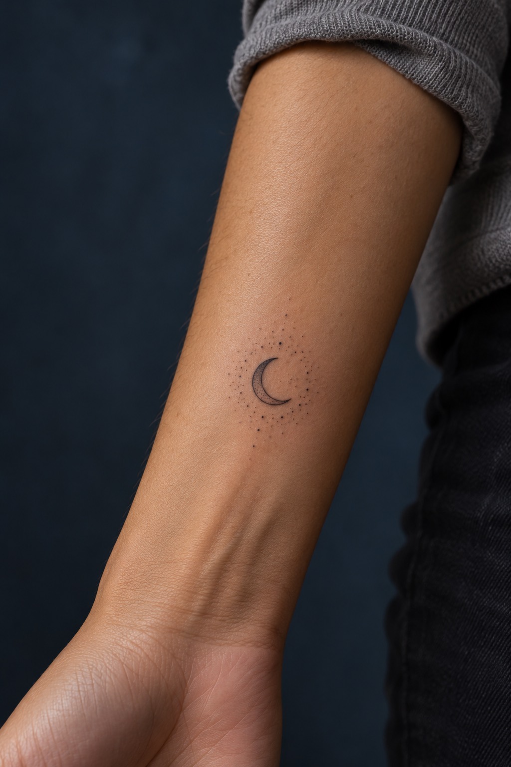 Micro Crescent Moon with Stippled Halo Glow Beginner Tattoo Idea