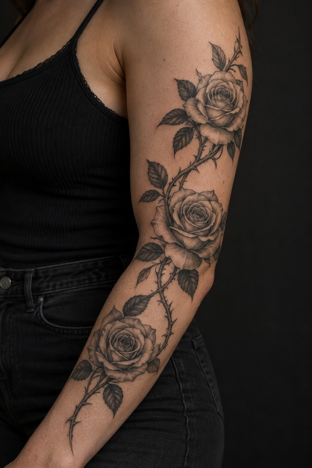 Vintage rose and thorn forearm wrap tattoo