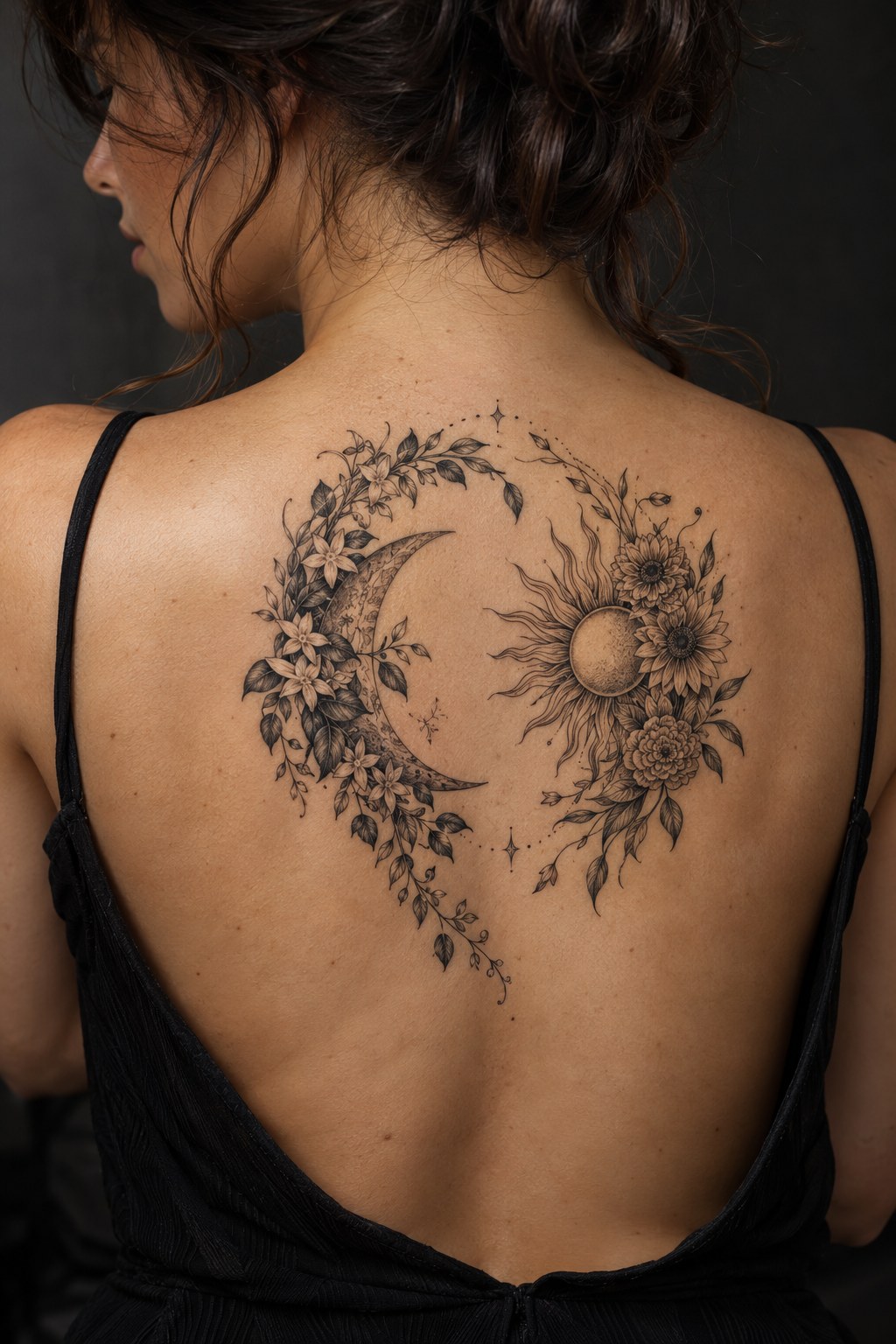 Botanical Vines and Wildflower Crescent Tattoo