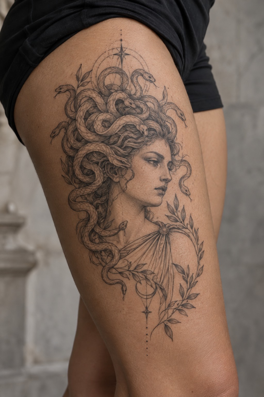 Mythological Medusa Portrait with Serpent Crown Thigh Tattoo for Women