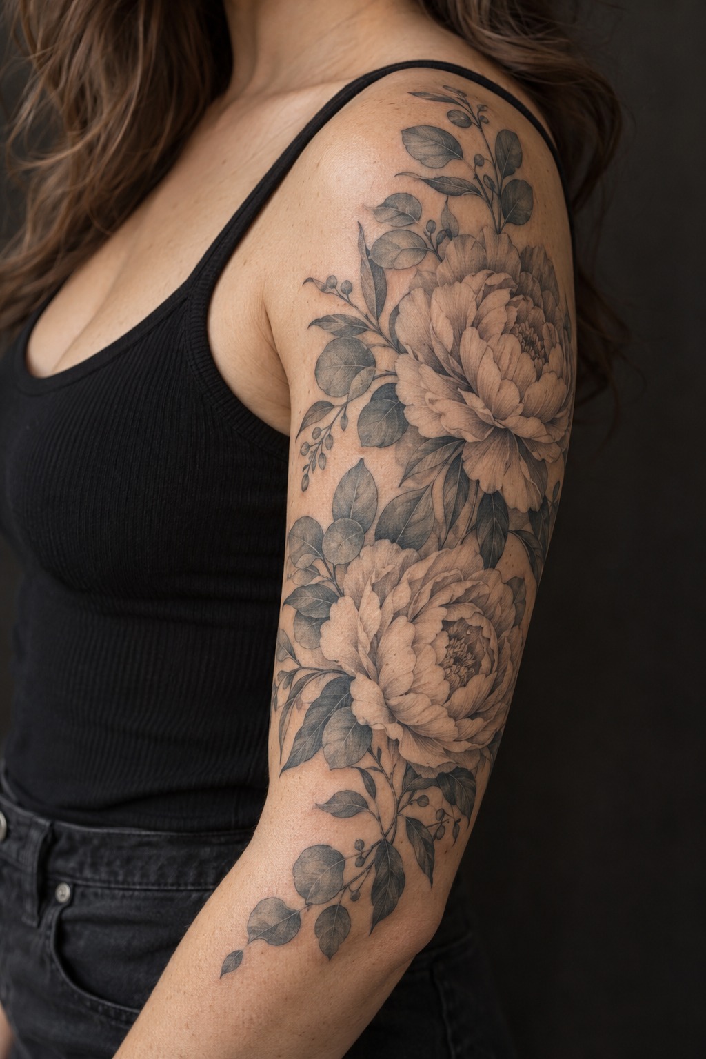 Soft shaded peony and eucalyptus half sleeve tattoo