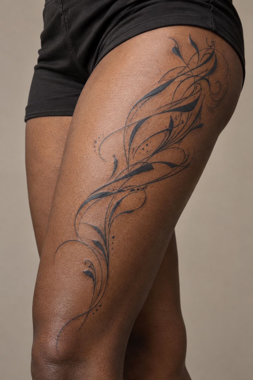Minimalist Script and Abstract Wave Ribbon Thigh Tattoo for Women