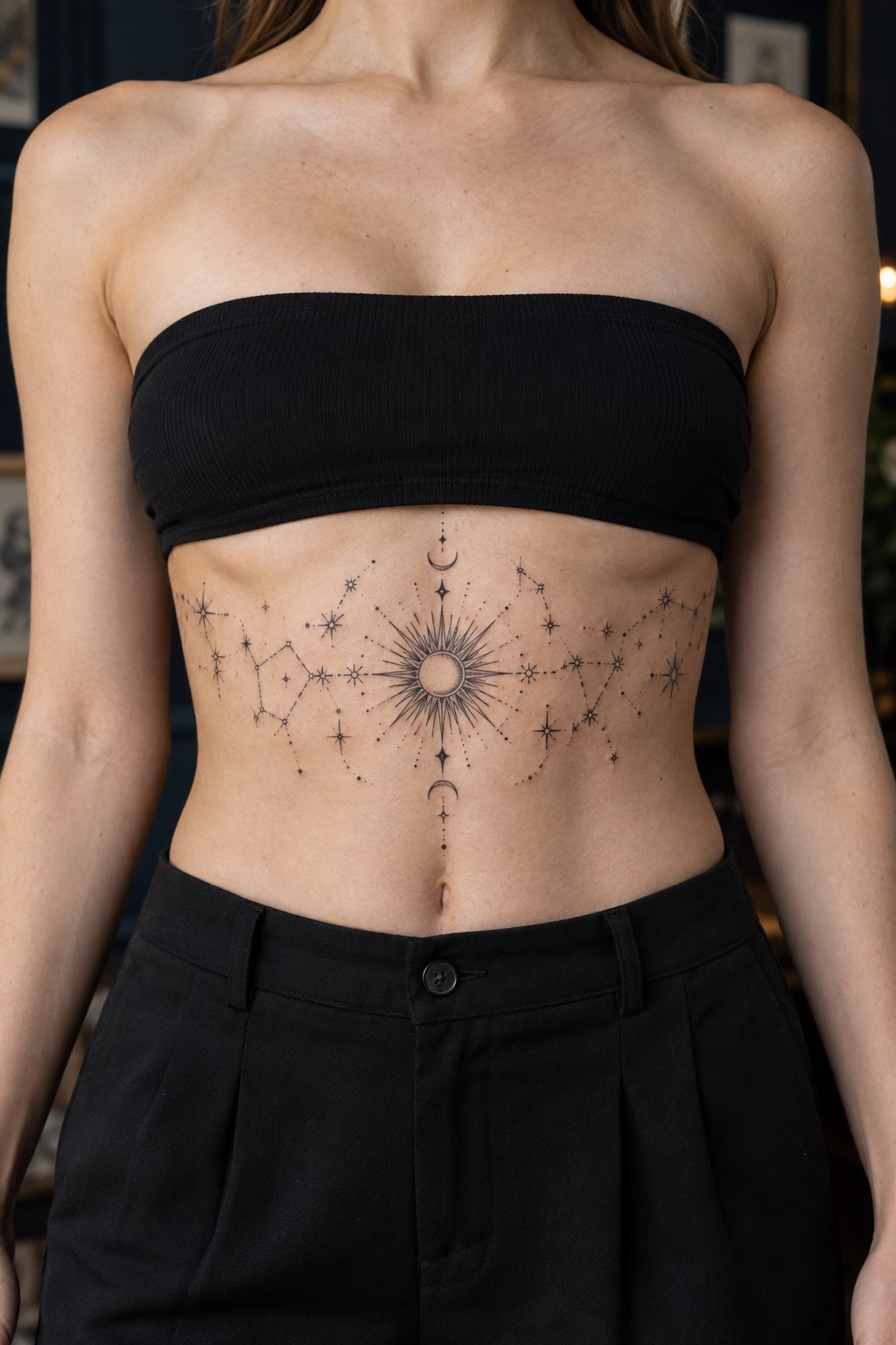 Radiant Sternum Sunburst with Orbiting Constellations Underbust Tattoo for Women