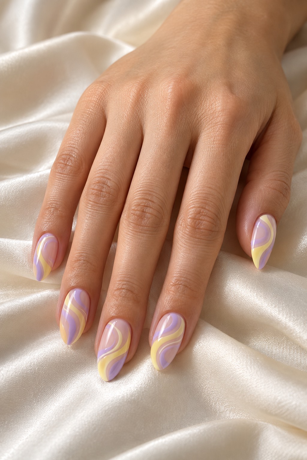 Lavender and Butter Yellow Pastel Swirls Nails