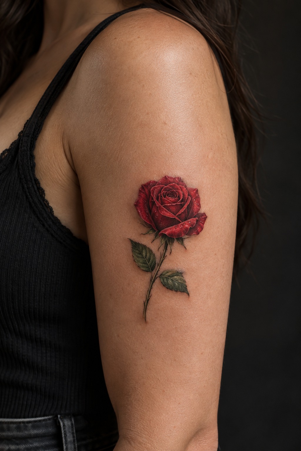 Micro realism red rose outer arm tattoo