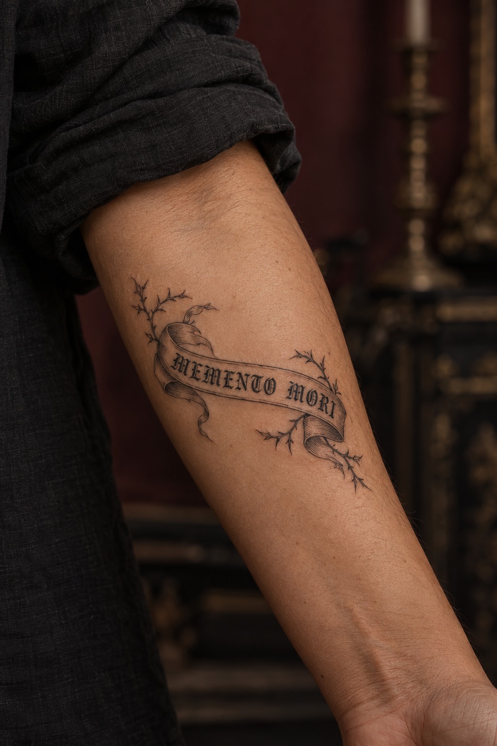 Fractured Blackletter Typography with Flourished Serifs Fine Line Tattoo