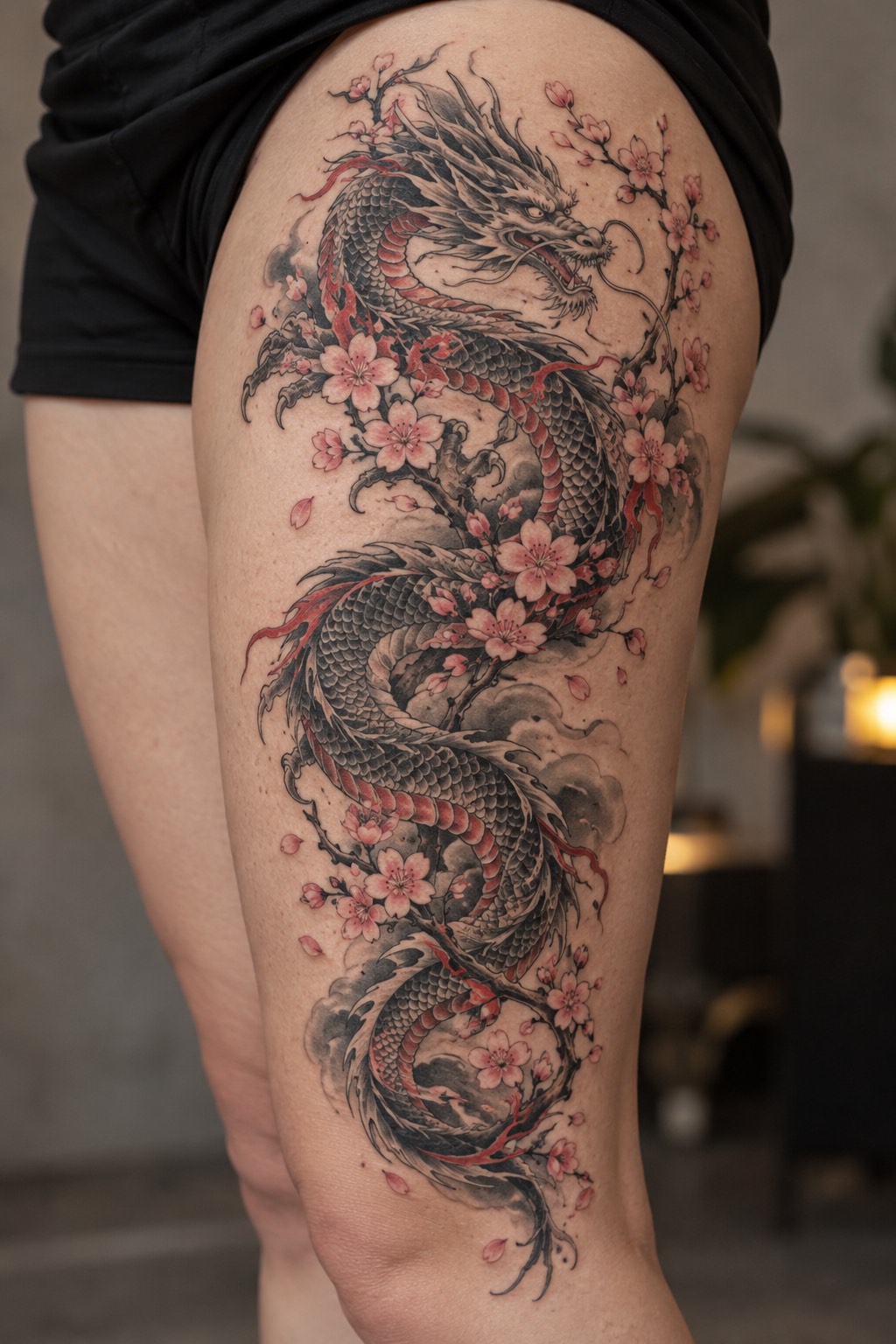 Flowing Japanese Ryu Dragon with Sakura Blossoms Thigh Tattoo for Women