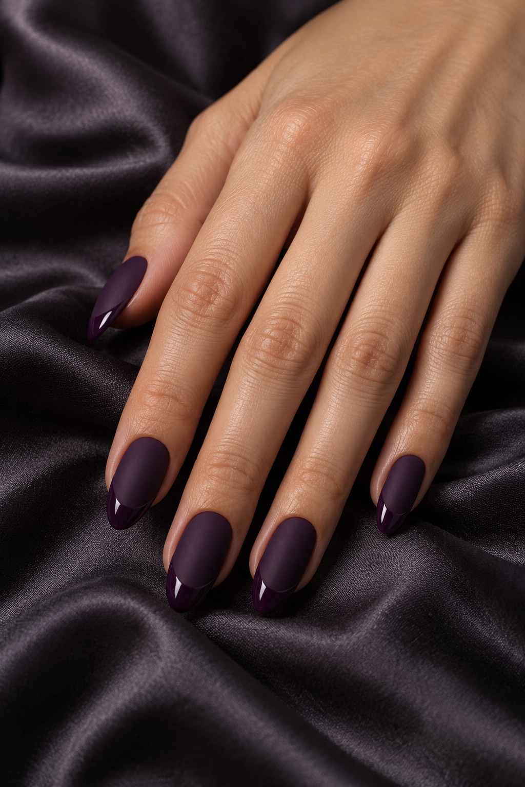 Matte Eggplant with Glossy French Tips Nails