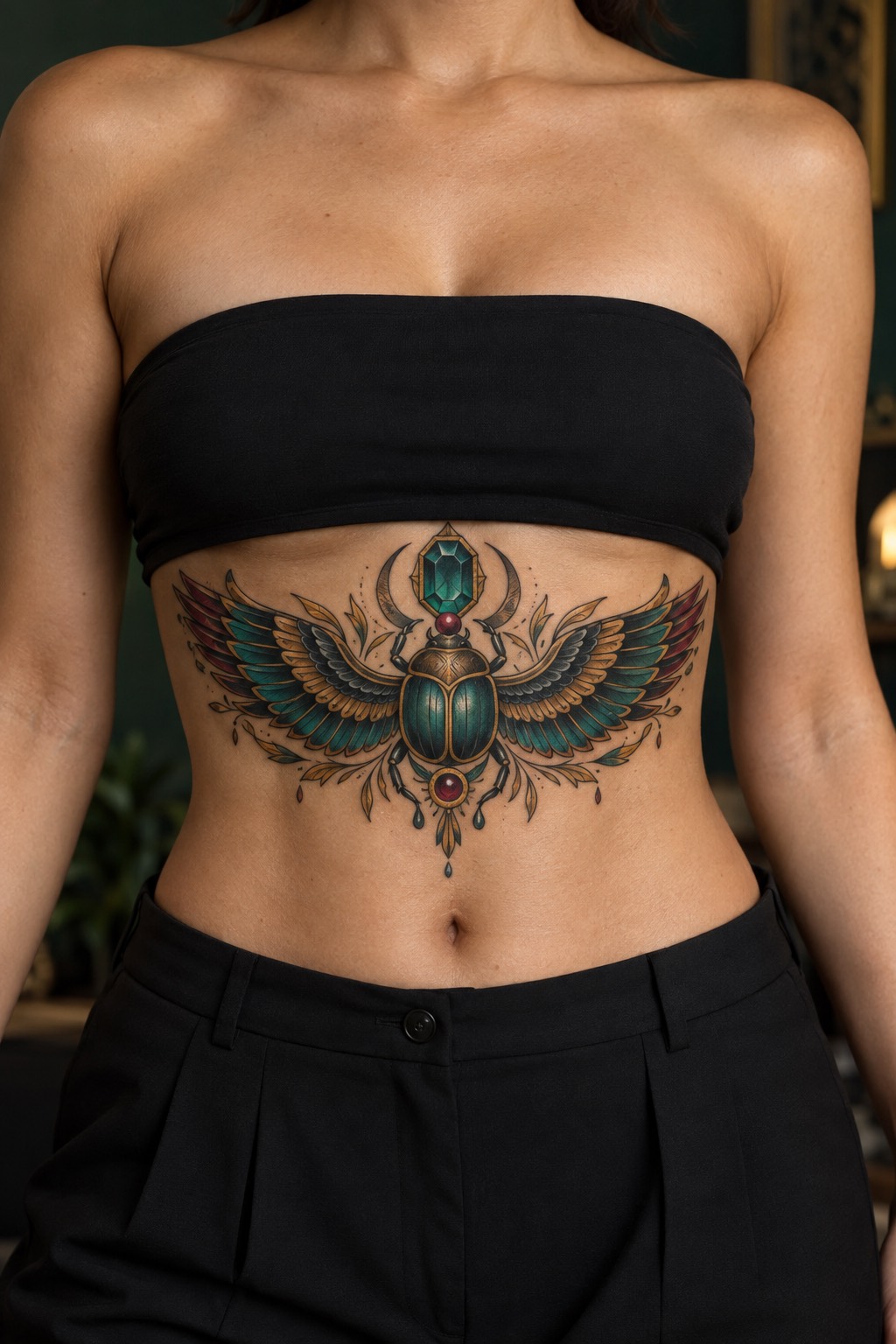 Winged Egyptian Scarab with Cut Gemstone Drops Underbust Tattoo for Women