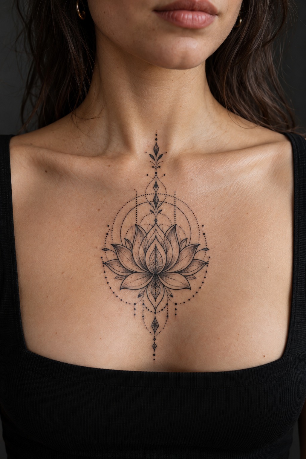 Sacred geometric lotus mandala sternum tattoo