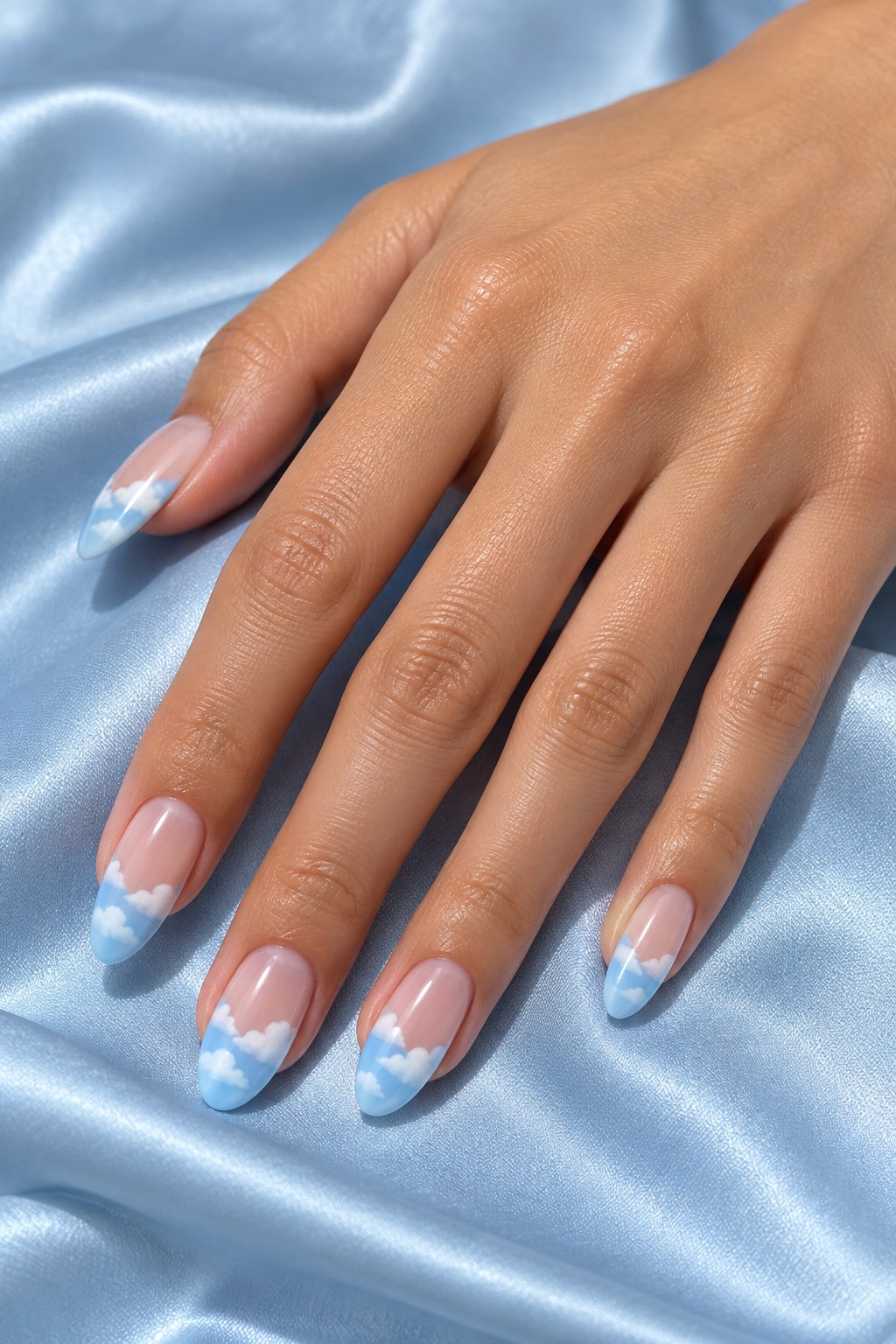 Fluffy Cloud Tips on Baby Blue Sky Nails