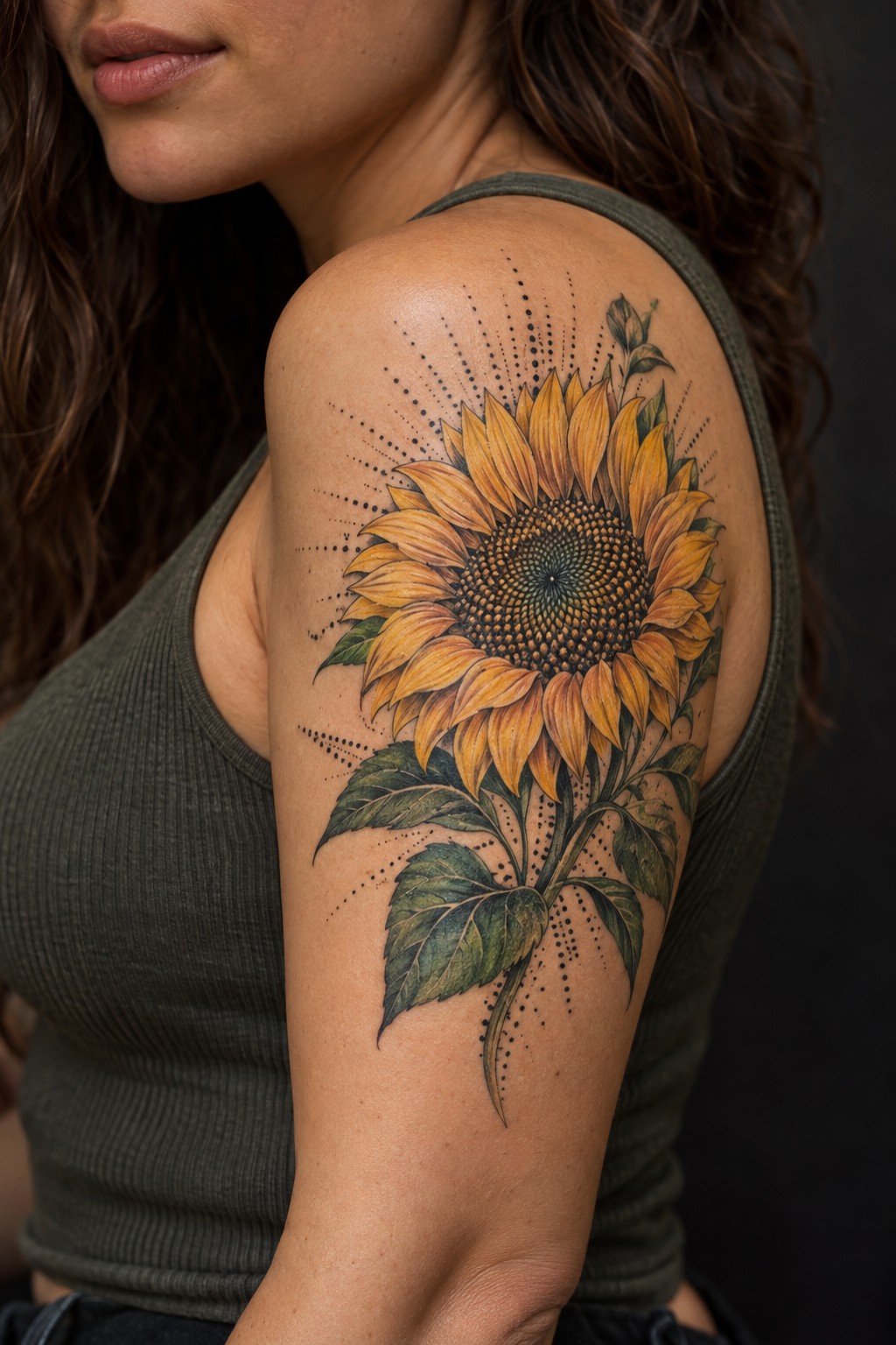 Golden sunflower and stipple rays outer arm tattoo