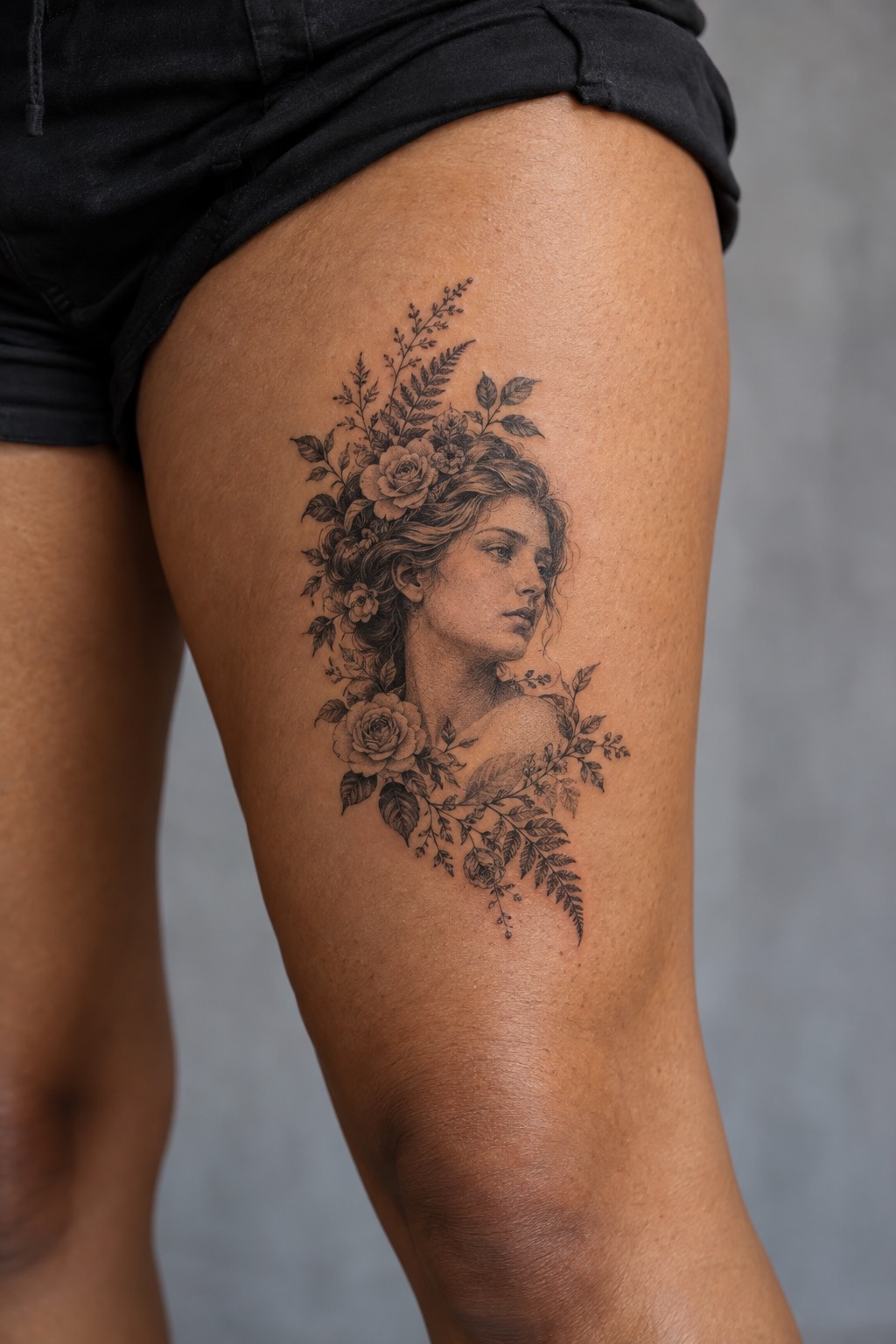 Micro Realism Renaissance Statue and Olive Wreath Thigh Tattoo for Women