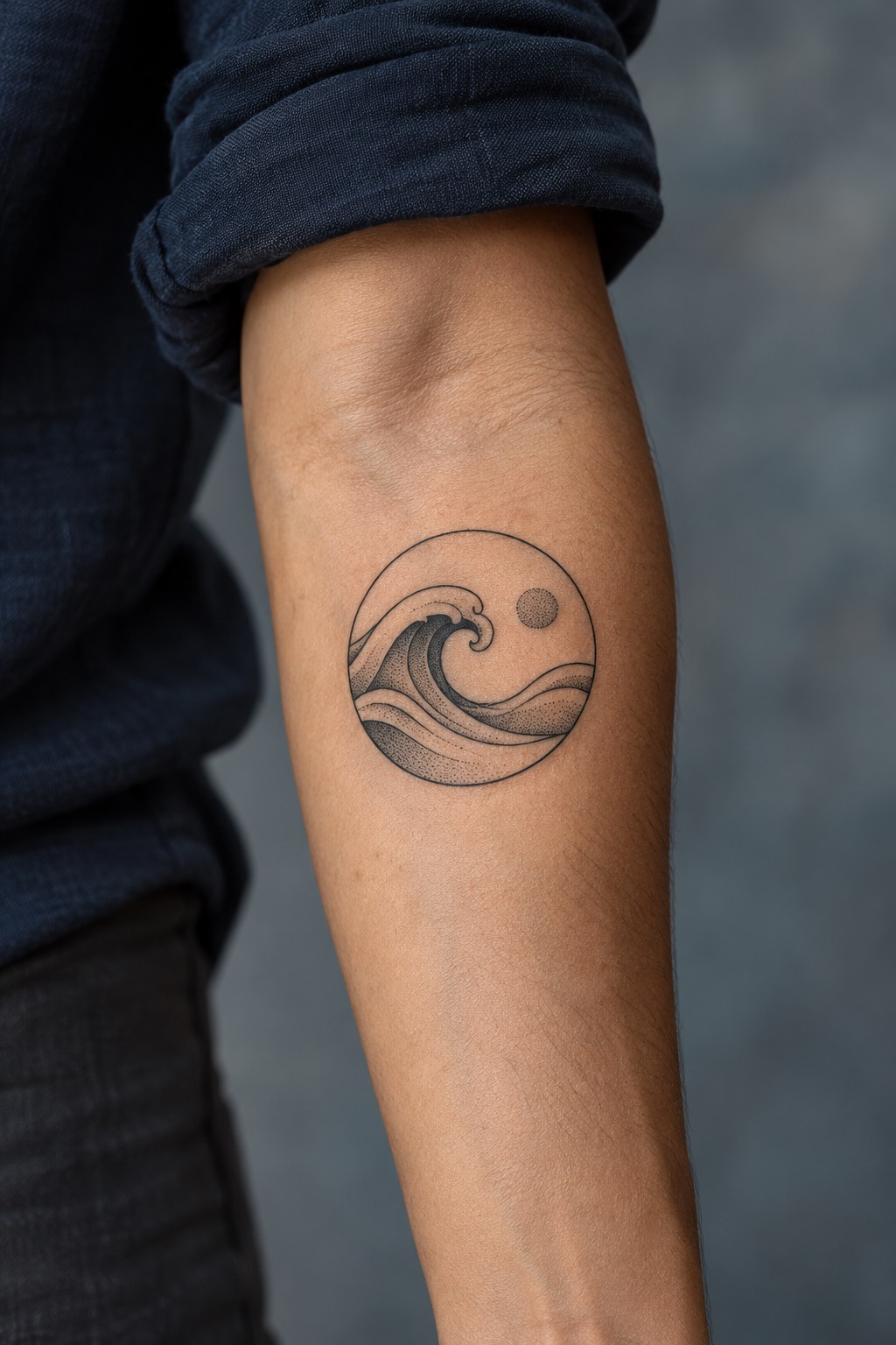 Circular Minimalist Ocean Wave Crest Beginner Tattoo Idea