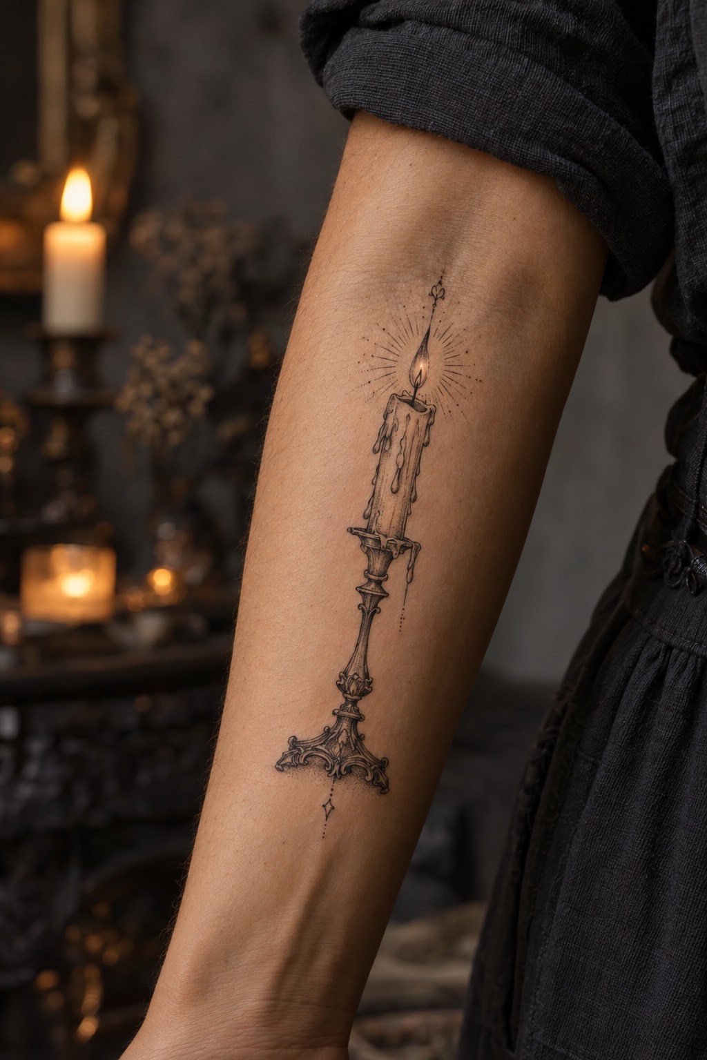 Gothic Candelabra with Dripping Tallow and Wisp Smoke Fine Line Tattoo