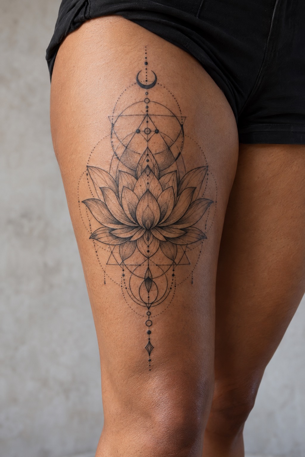 Sacred Geometry and Unalome Lotus Centerpiece Thigh Tattoo for Women