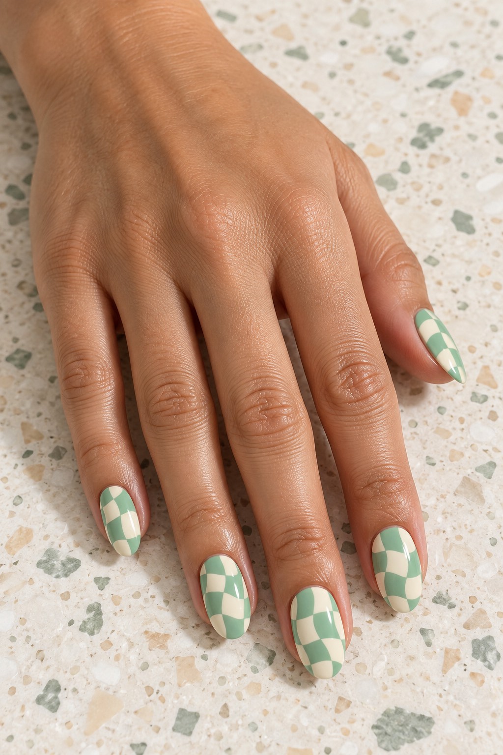 Wavy Pastel Mint Checkerboard Nails