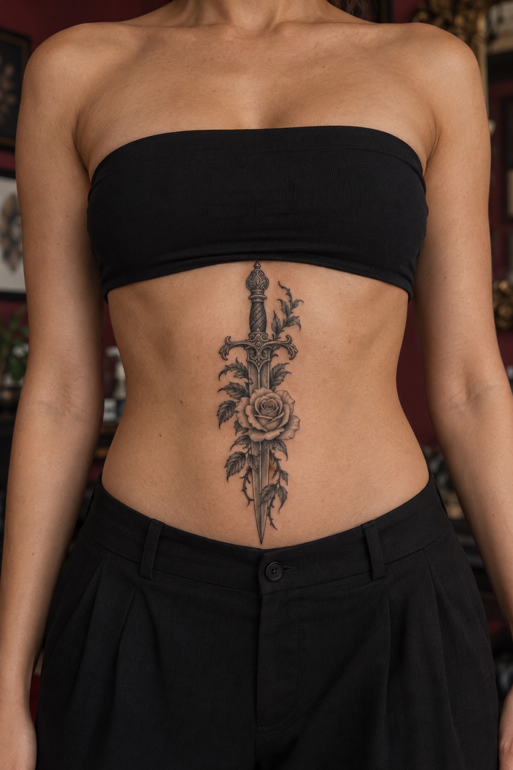 Antique Ornate Dagger Centered with Crawling Wild Roses Underbust Tattoo for Women