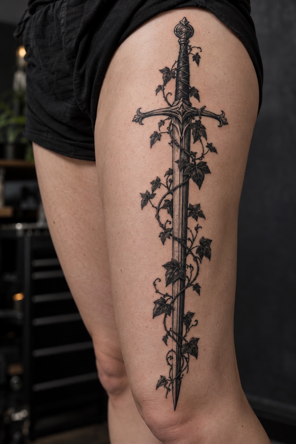 Vintage Dagger Entwined with Thorny Ivy Thigh Tattoo for Women